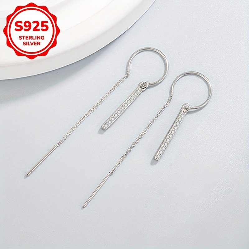 Minimalist Tassel Earrings Women 925 Silvery Studs Zirconia